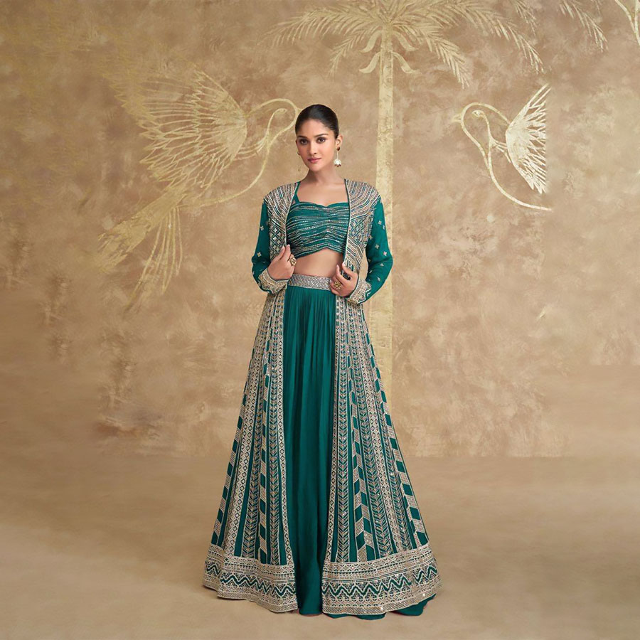 Green Silk Partywear Lehenga