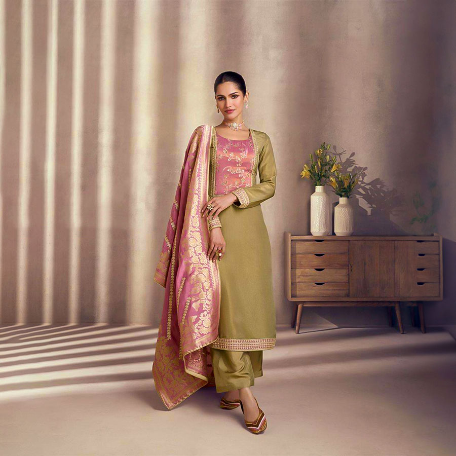 Olive Green Simar Silk Party Wear Salwar Kameez