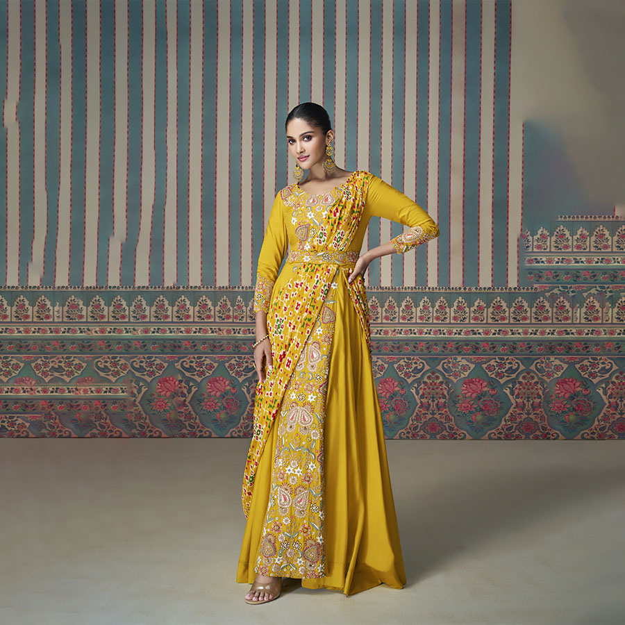 Yellow Chinon Silk Designer Gown