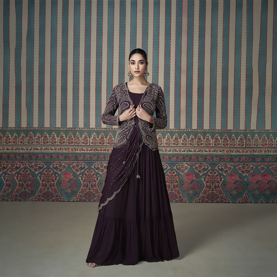 Wine Chinon Silk Designer Gown