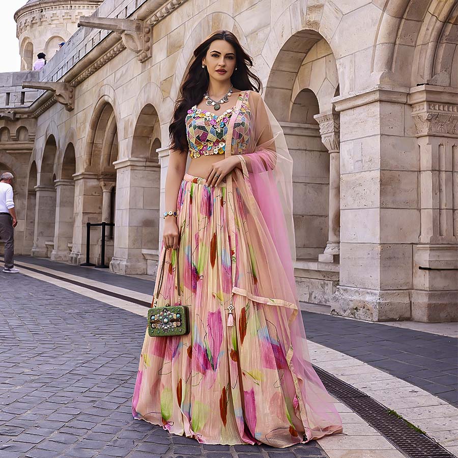 Pink  Chinon Silk Designer Lehenga