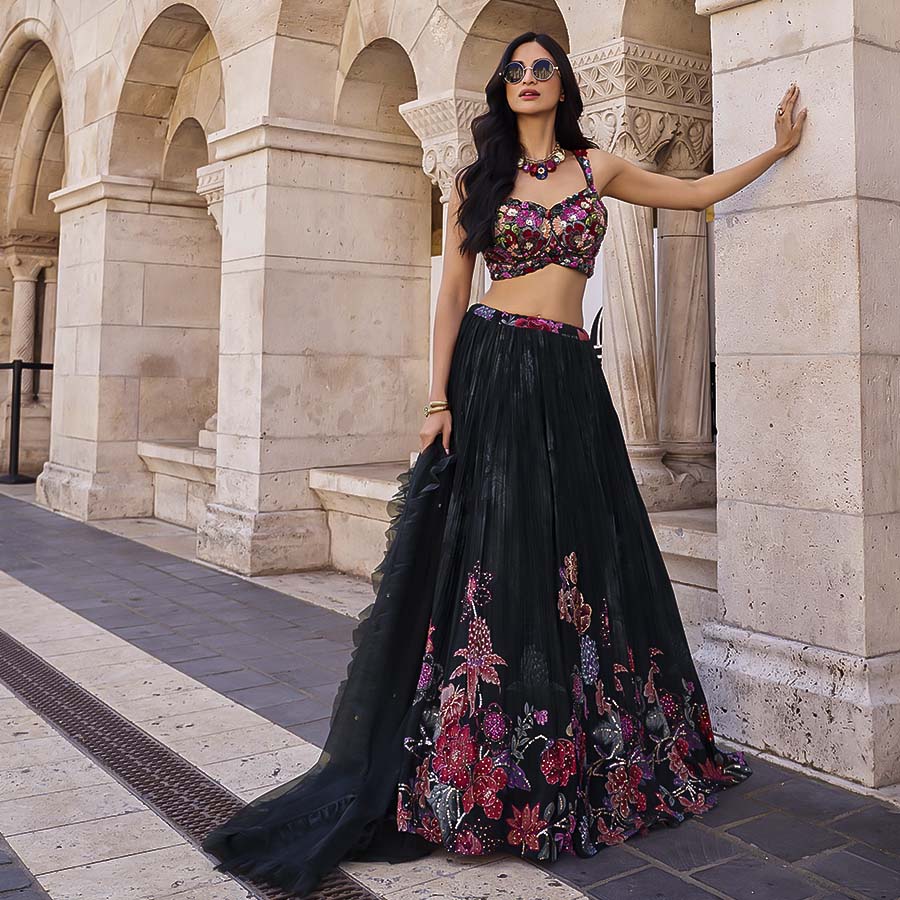 Black Chinon Silk Designer Lehenga