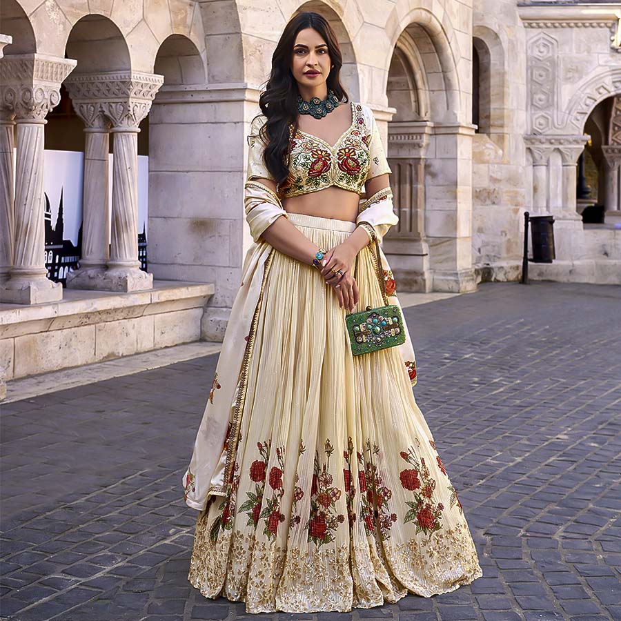 Yellow Chinon Silk Designer Lehenga