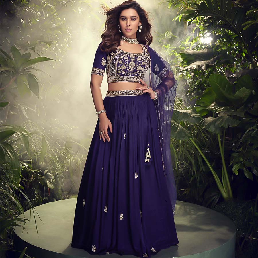 Blue  Chinon Silk Party Wear Lehenga