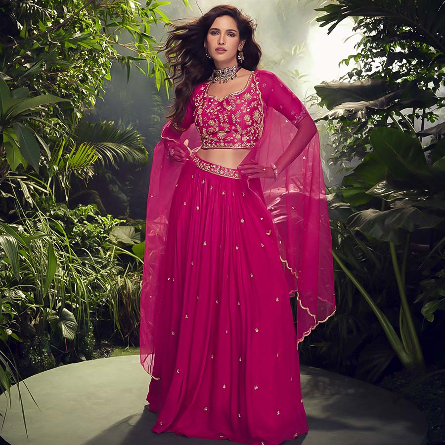 Red Chinon Silk Party Wear Lehenga