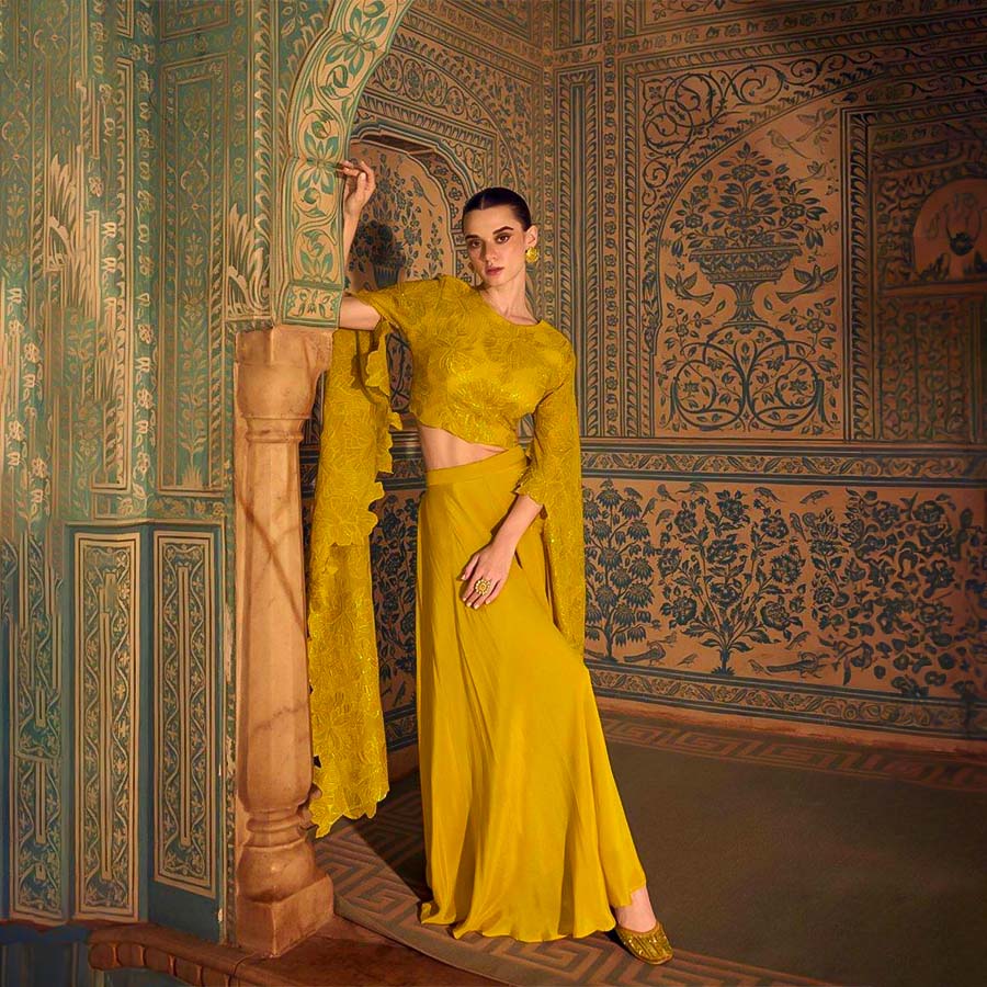 Yellow  Chinon Silk Designer Salwar Kameez