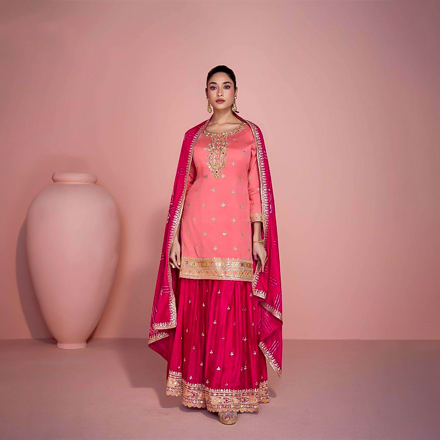 Red Chinon Silk Designer Salwar Kameez