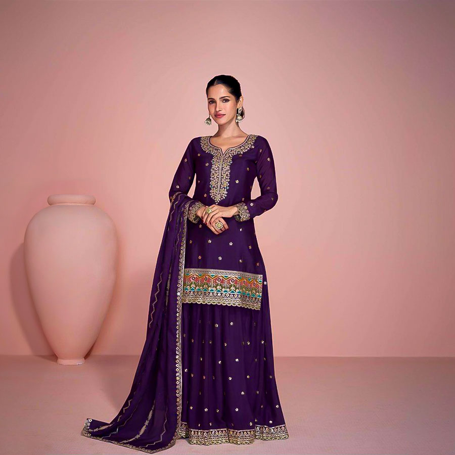 Violet Chinon Silk Designer Salwar Kameez