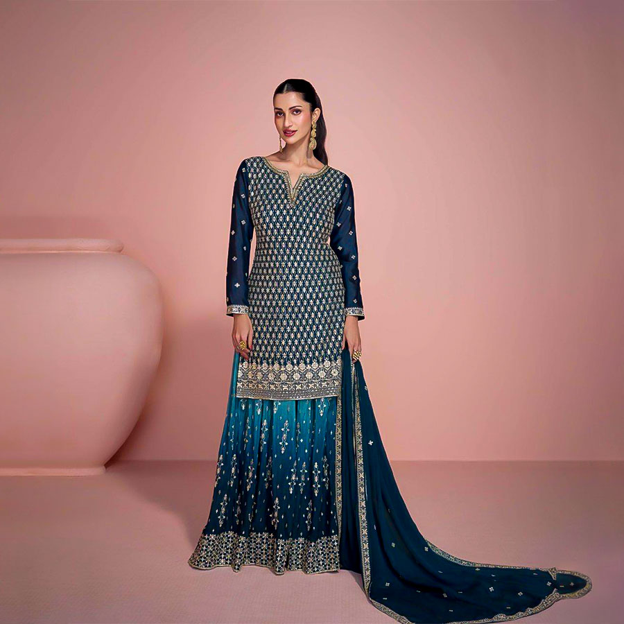 Blue Chinon Silk Designer Salwar Kameez