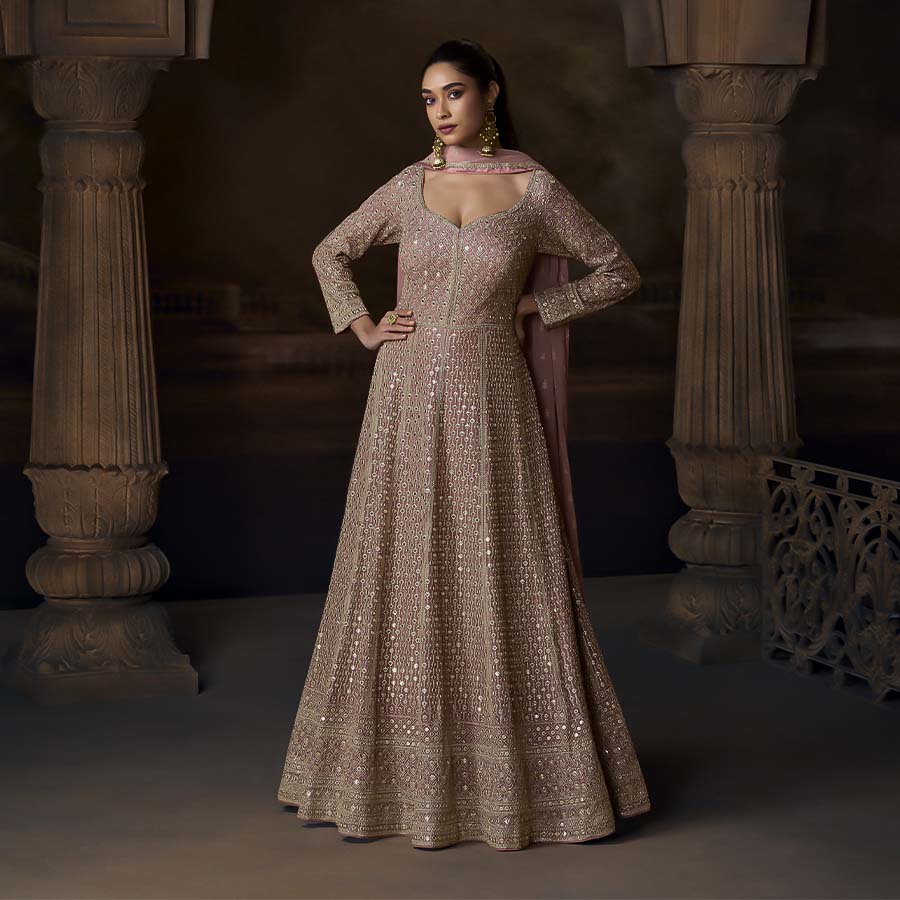 Golden  Chinon Silk Designer Salwar Kameez