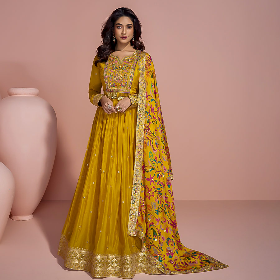 Yellow  Chinon Silk Designer Salwar Kameez