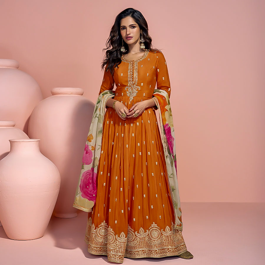 Orange Chinon Silk Designer Salwar Kameez