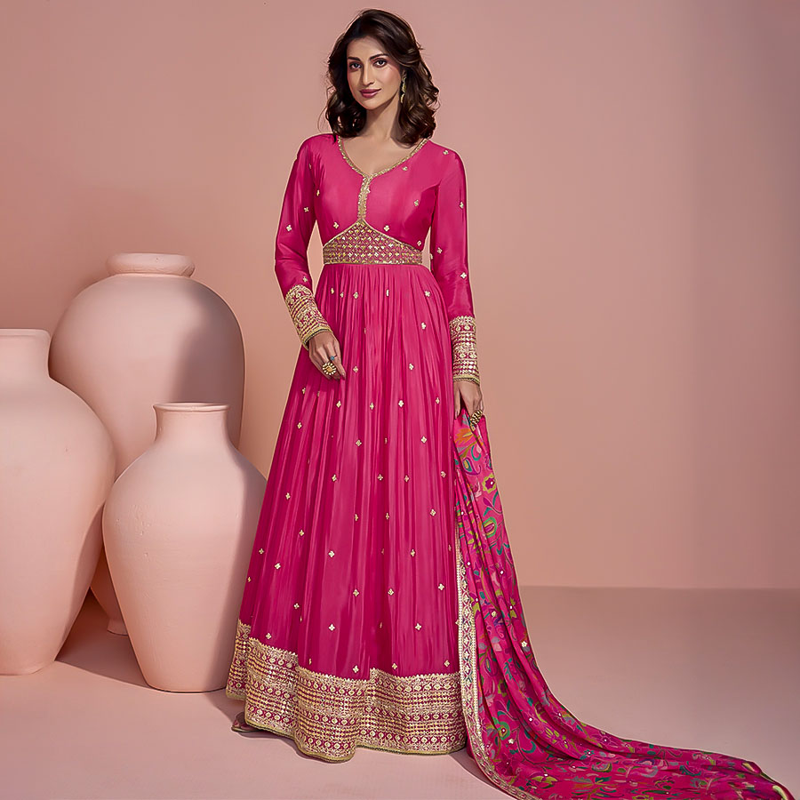 Magenta Chinon Silk Designer Salwar Kameez