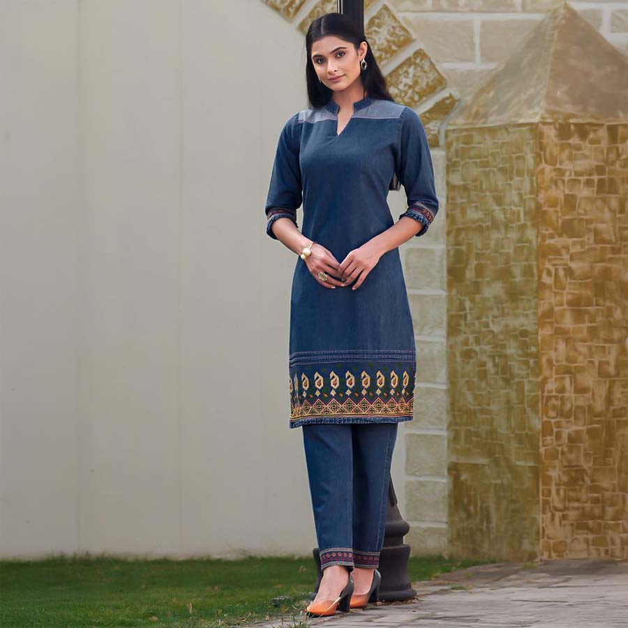 Blue  Cotton Denim Casual Wear Kurti