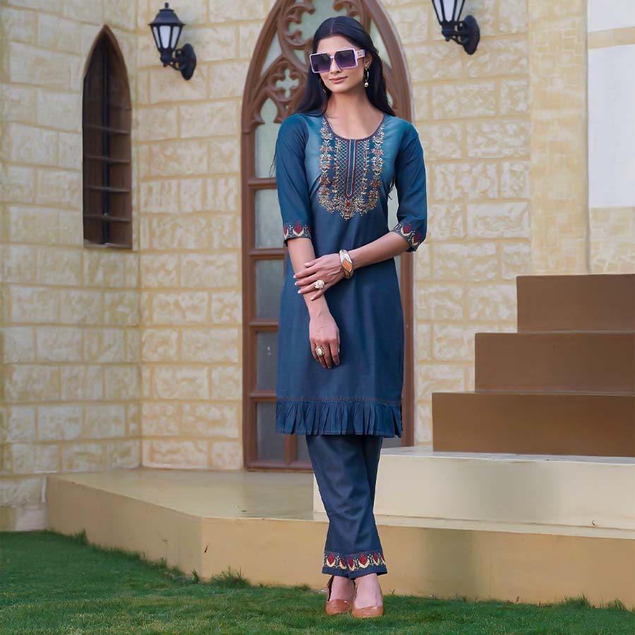 Blue Cotton Denim Casual Wear Kurti