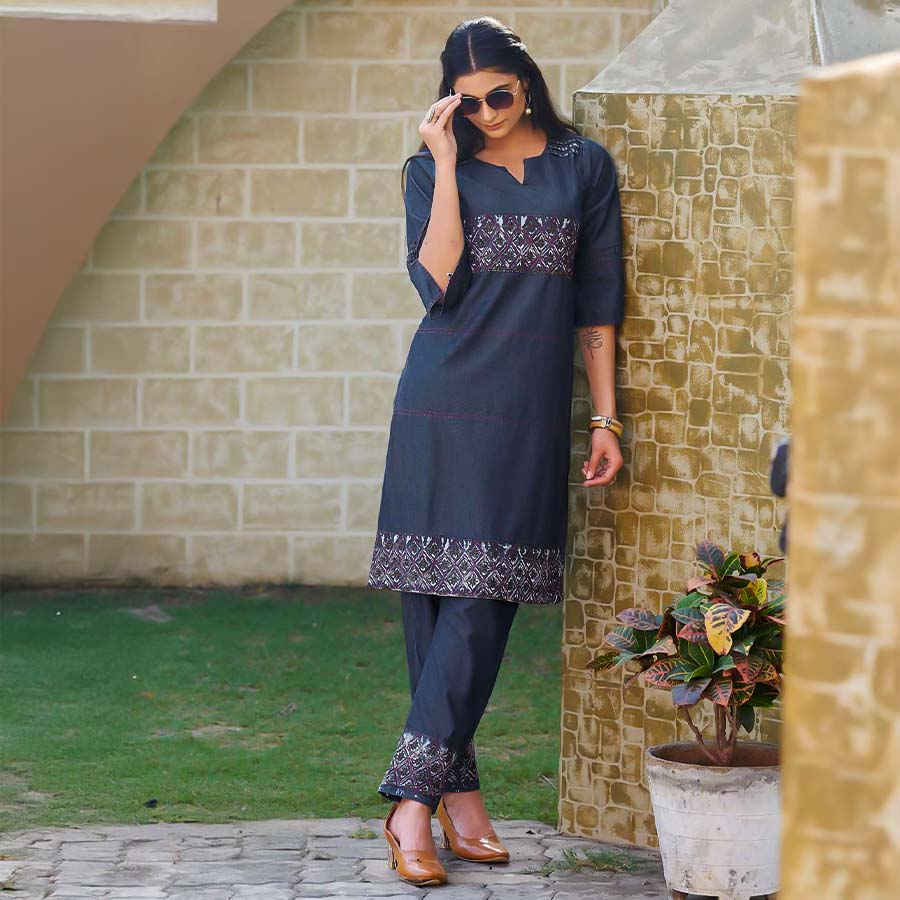 Blue Cotton Denim Casual Wear Kurti