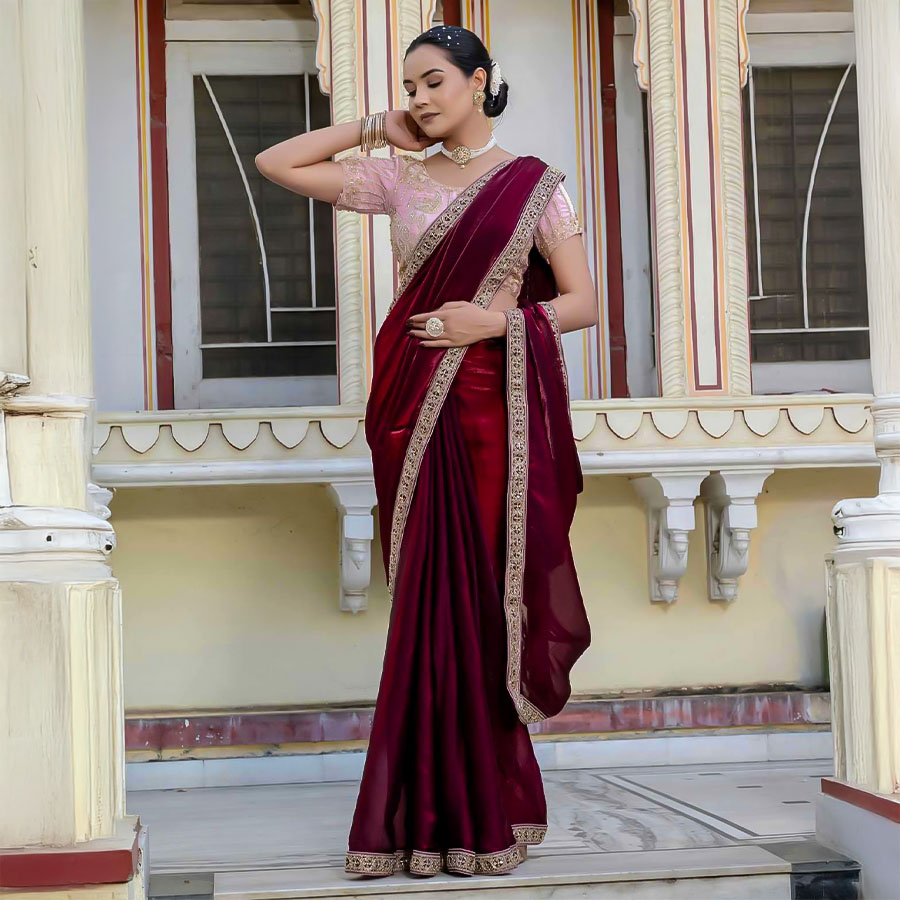 Red Satin Party Wear Saree