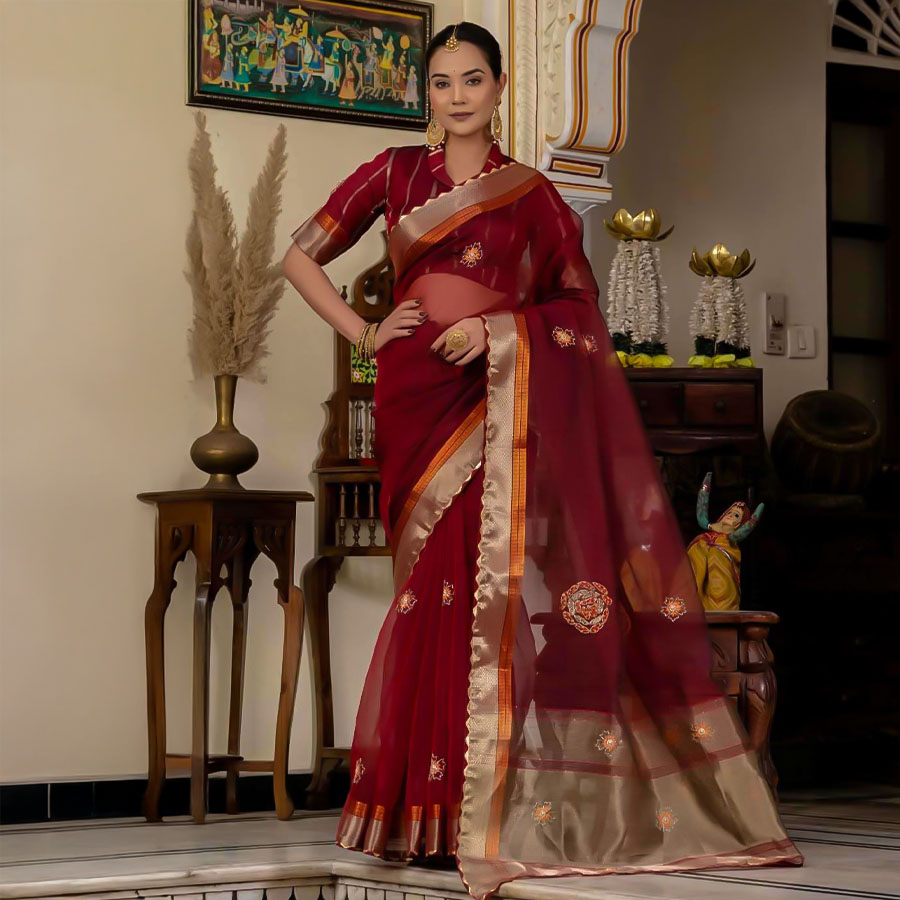 Red  Kota Linen Casual Wear Saree
