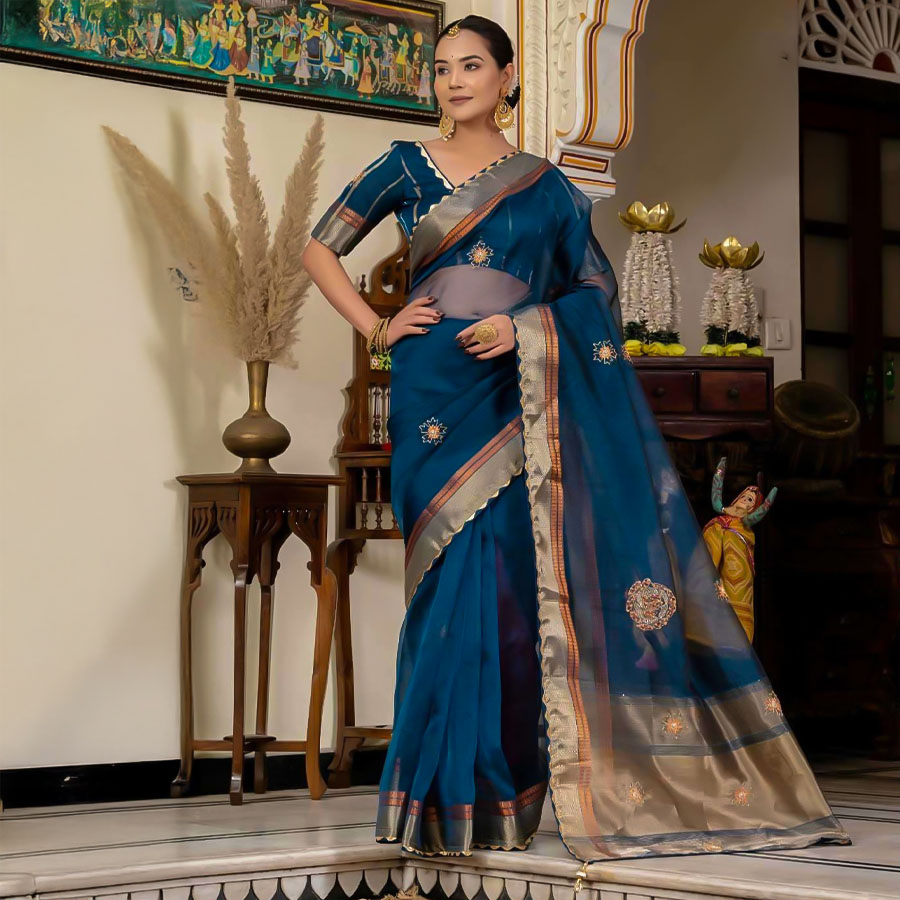 Blue Kota Linen Casual Wear Saree