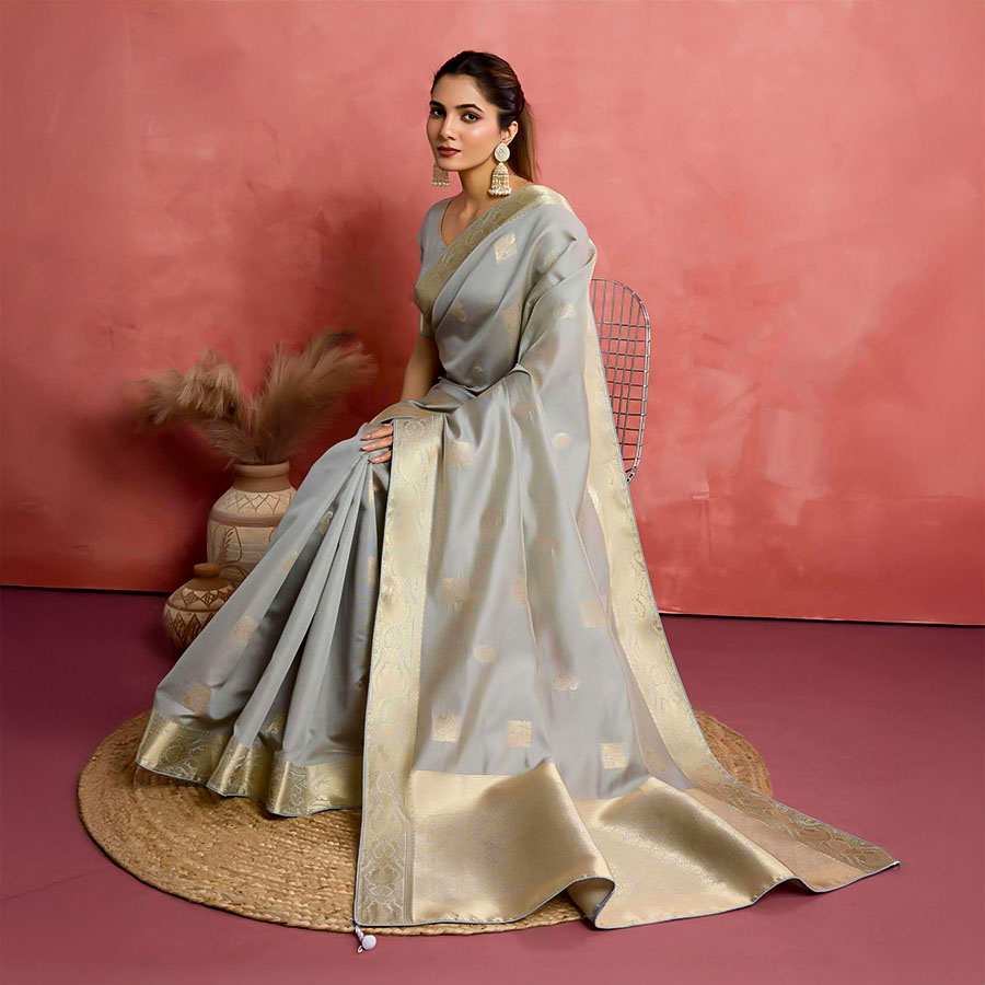 Grey  Soft Silk  Casual Wear Saree