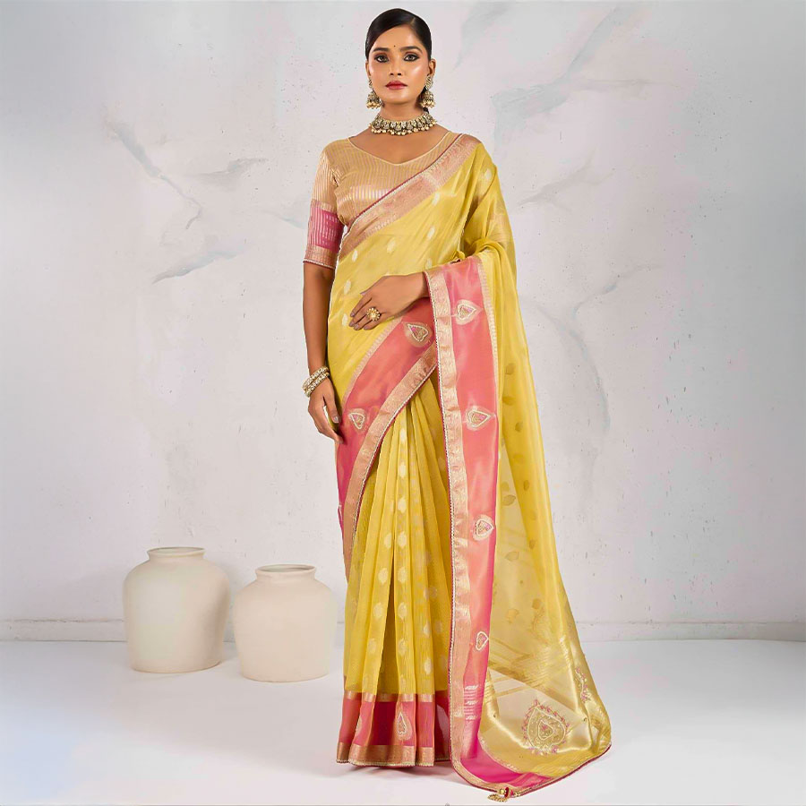Yellow Tissue Linen Casual Wear Saree