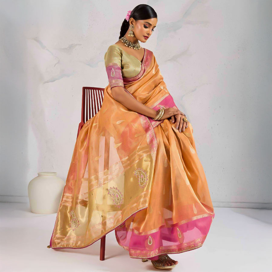 Orange  Tissue Linen Casual Wear Saree