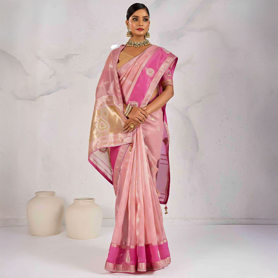 Pink  Tissue Linen Casual Wear Saree