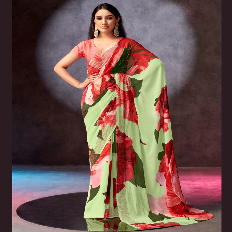 Red & green Georgette  Printed Saree