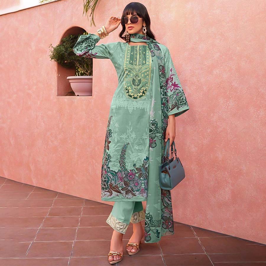 Cyan Cotton Printed Salwar Kameez