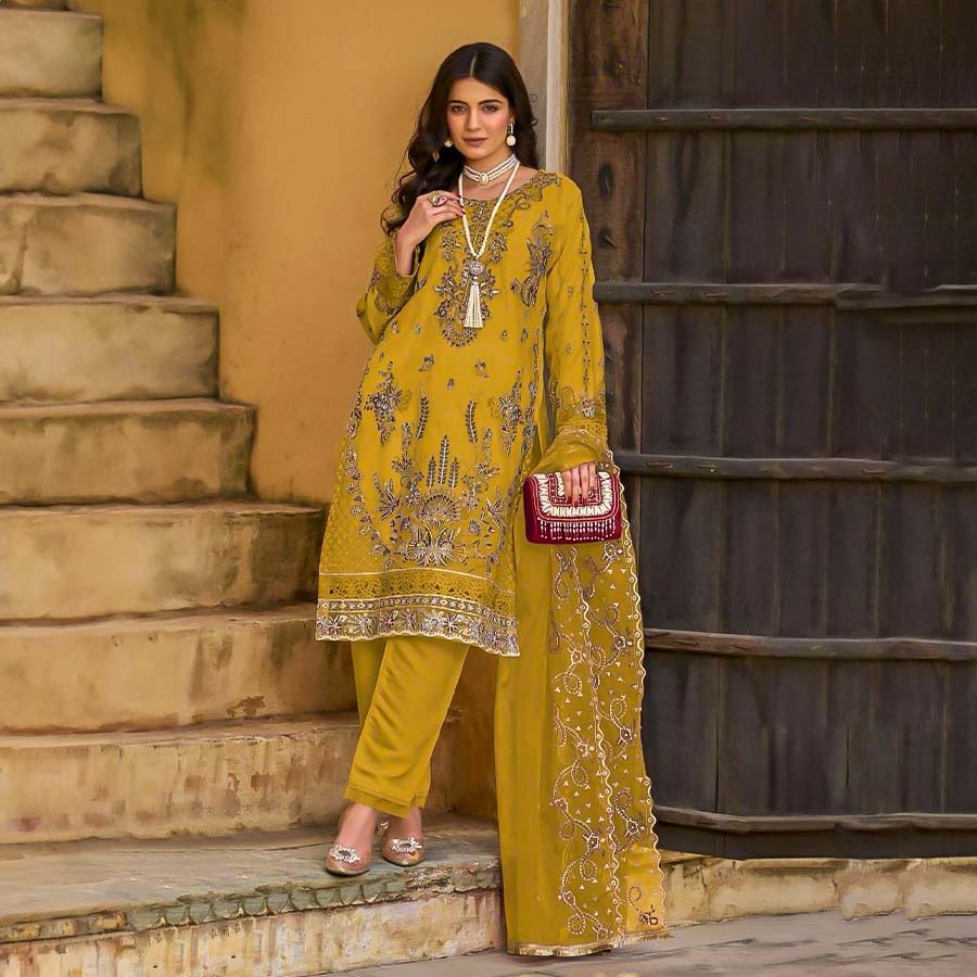 Yellow  Organza  Party Wear Salwar Kameez