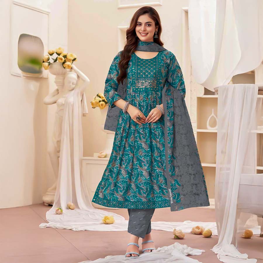 Cyan Cotton Casual Wear Salwar Kameez