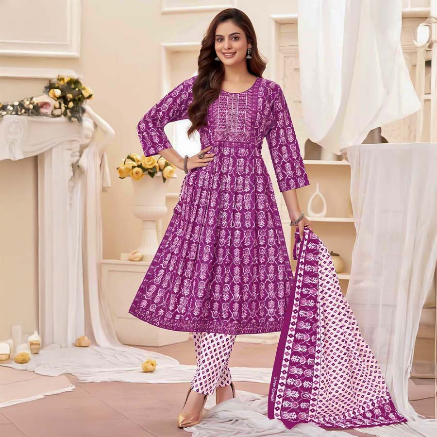 Purple  Cotton Casual Wear Salwar Kameez