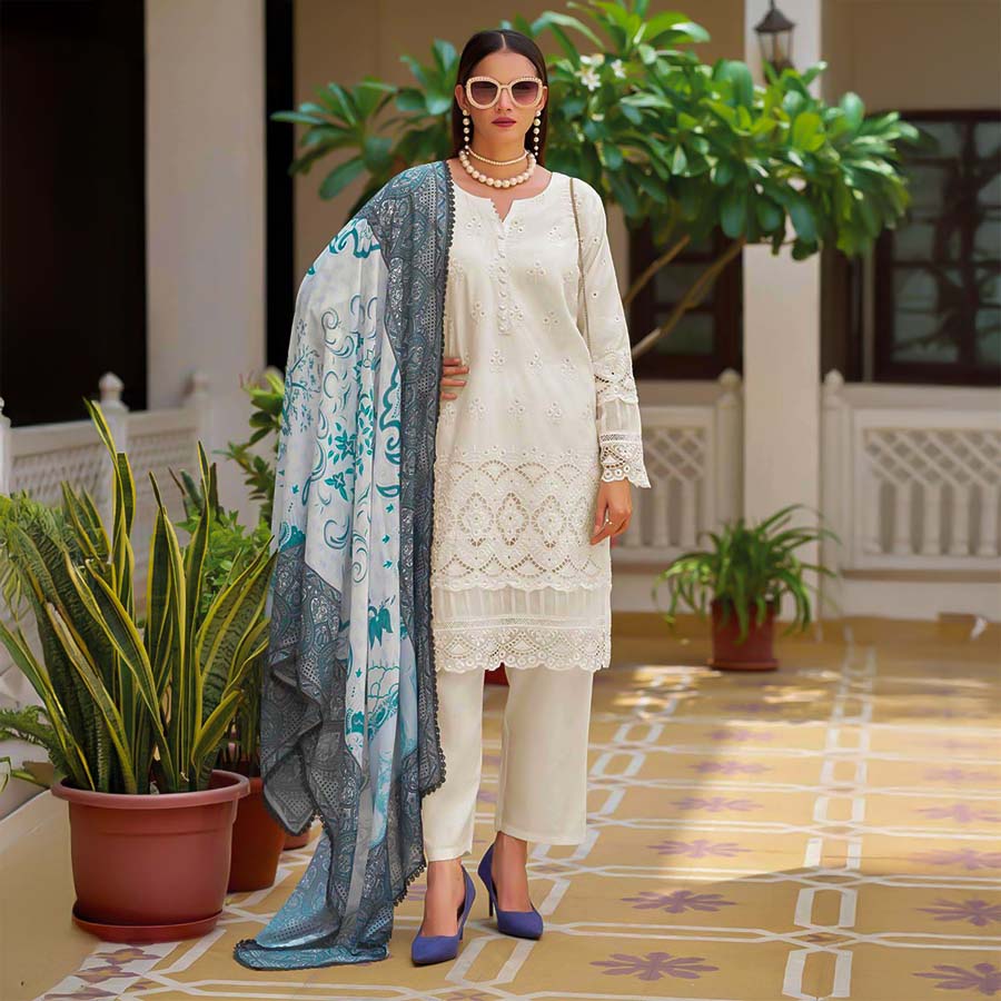 White  Cotton Printed Salwar Kameez