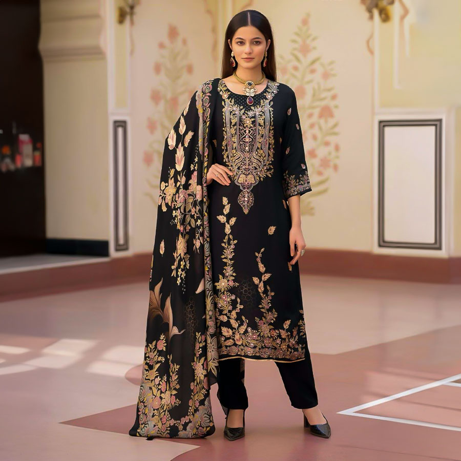 Black  Viscose Muslin Casual Wear Salwar Kameez