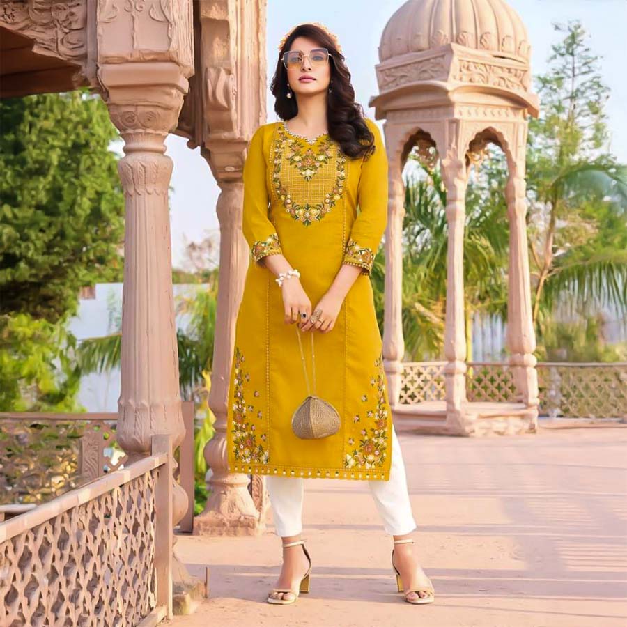 Yellow  Linen Casual Wear Kurti