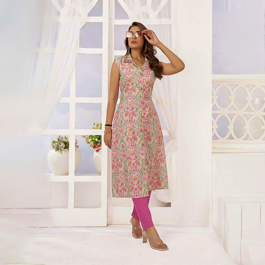 Pink Viscose Cotton Printed Kurti