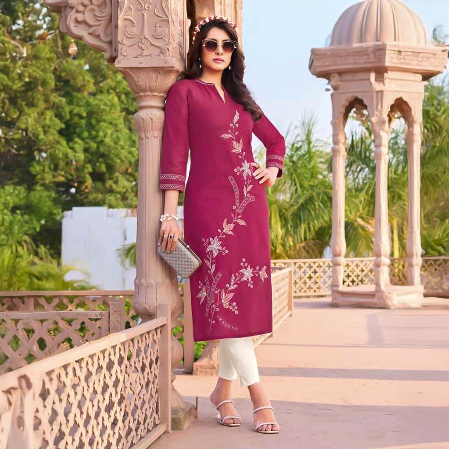 Magenta  Linen Casual Wear Kurti