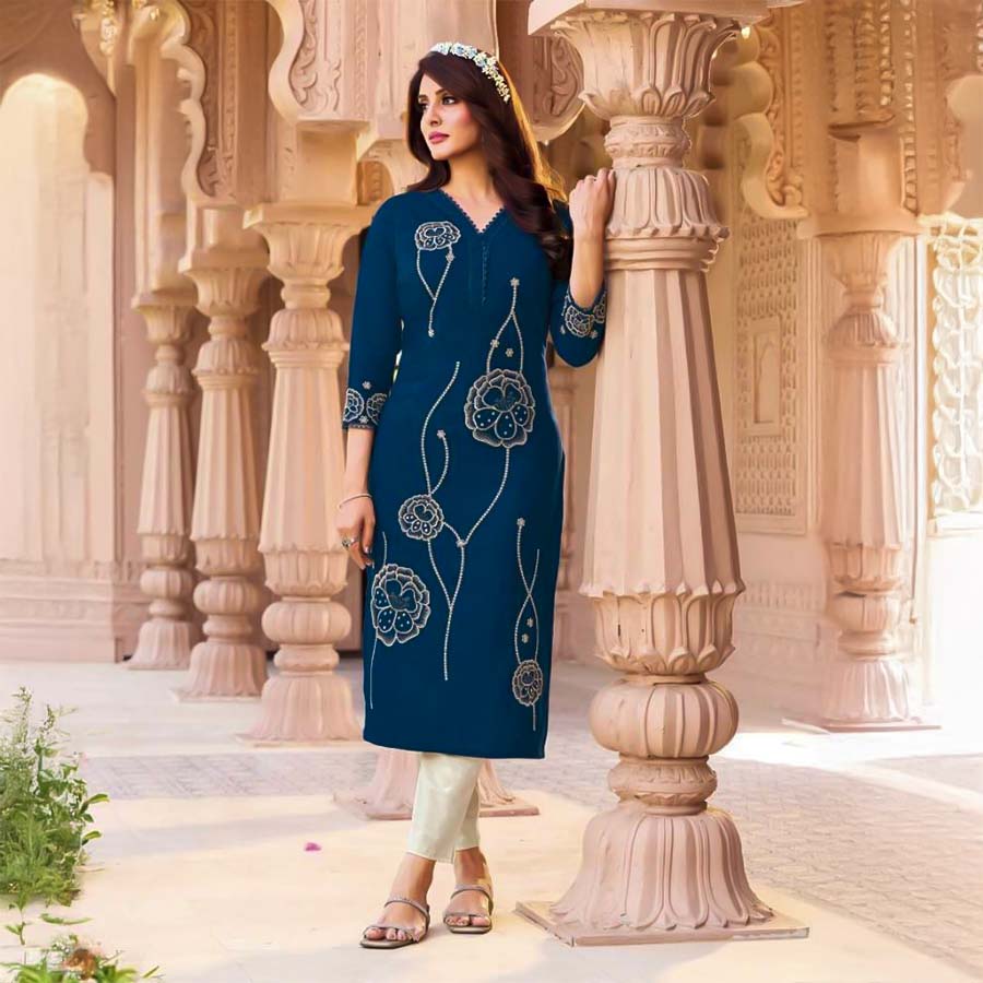 Blue  Linen Casual Wear Kurti