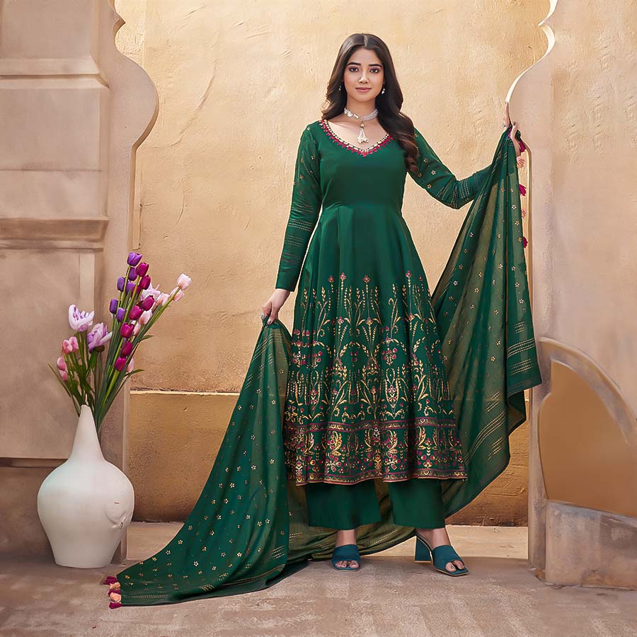 Green Roman Silk Party Wear Salwar Kameez