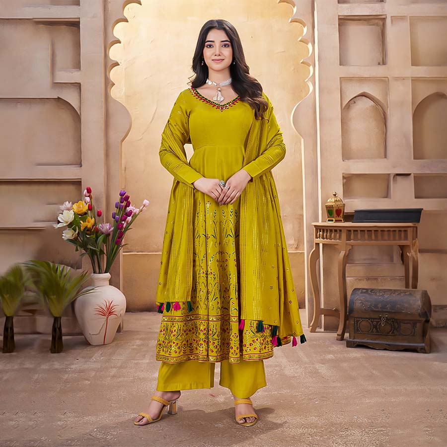 Yellow  Roman Silk Party Wear Salwar Kameez