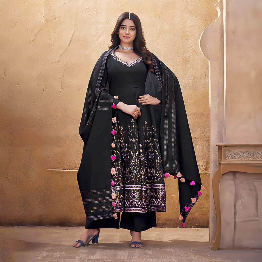 Black Roman Silk Party Wear Salwar Kameez