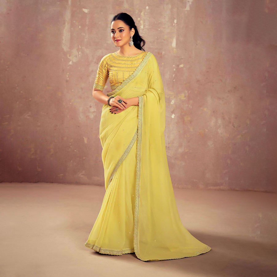 Yellow  Chiffon Party Wear Saree