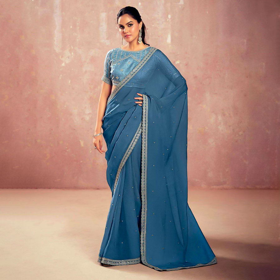 Blue  Chiffon Party Wear Saree