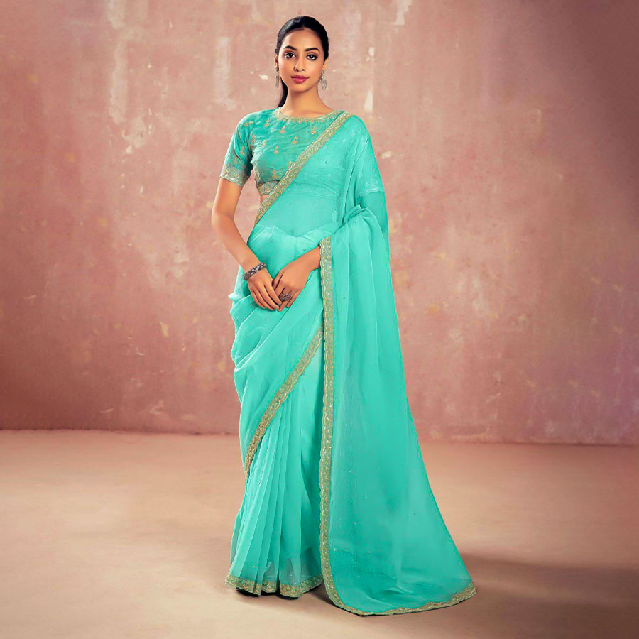 Cyan Chiffon Party Wear Saree