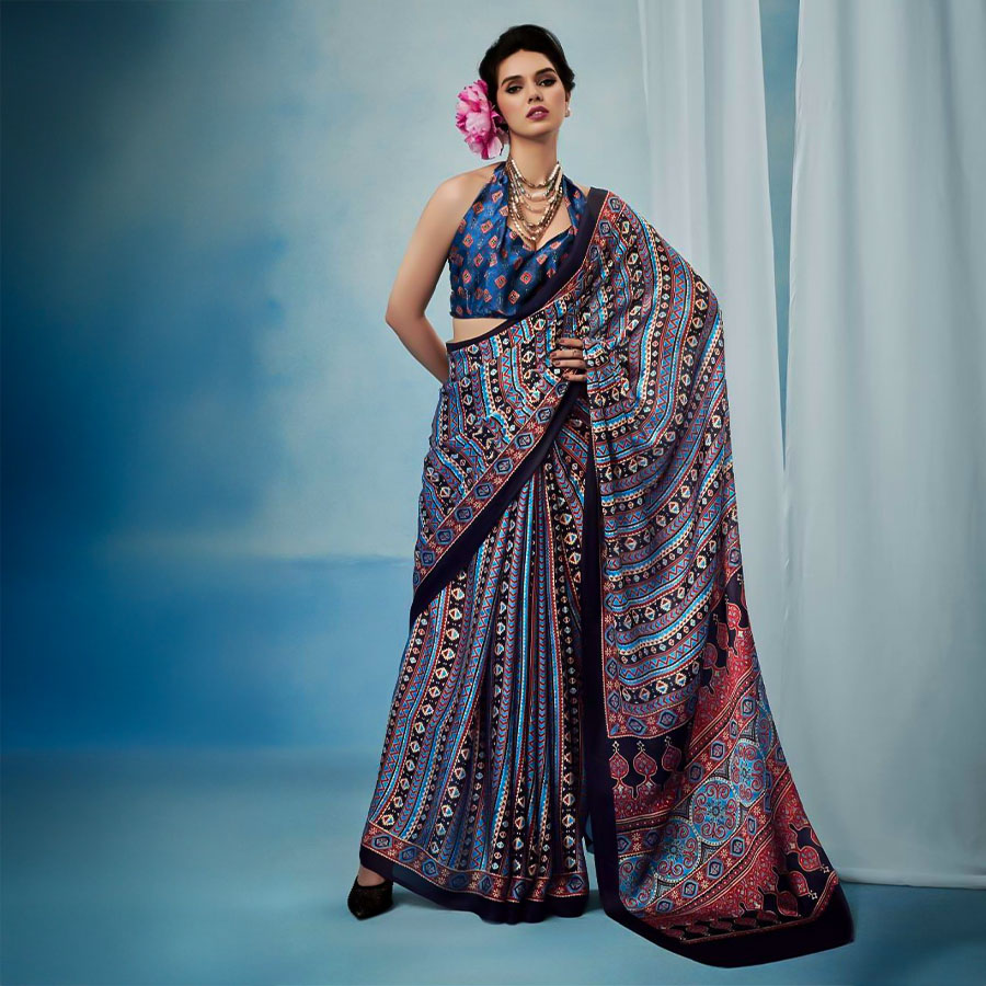 Blue  Satin Georgette Printed Saree