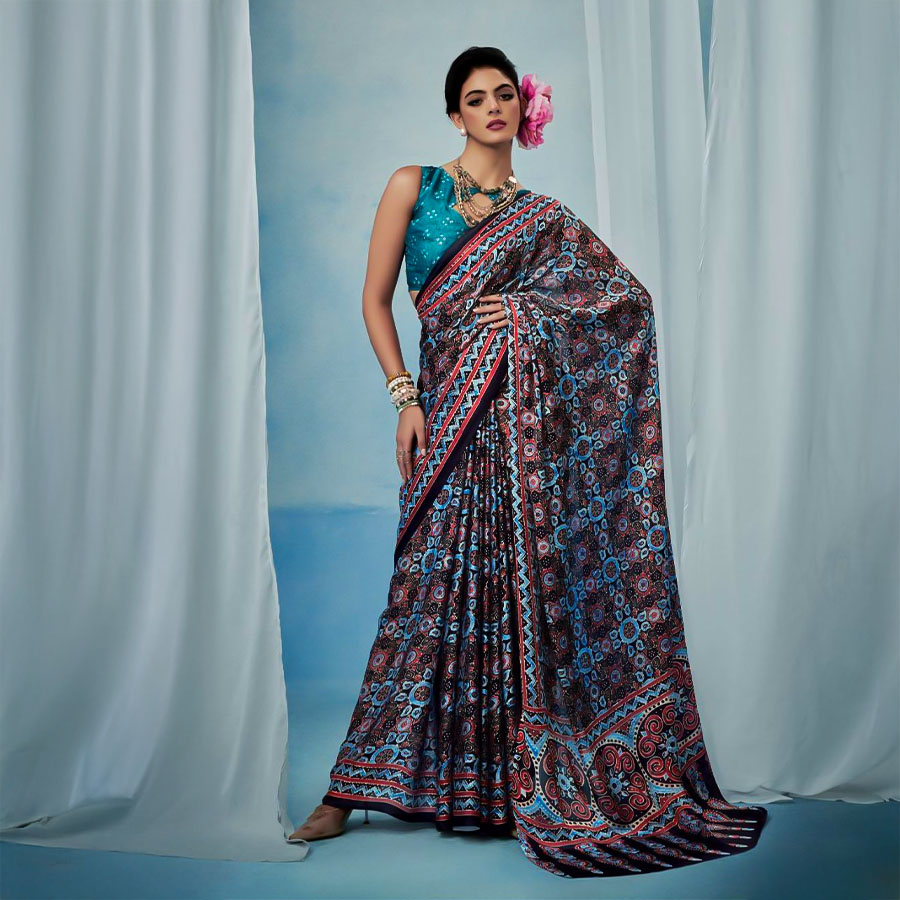 Blue  Satin Georgette Printed Saree