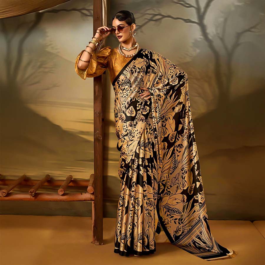 Golden  Satin Crepe Printed Saree