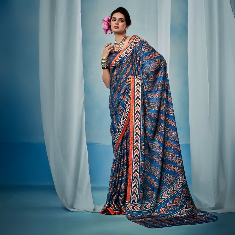 Blue  Satin Georgette Printed Saree