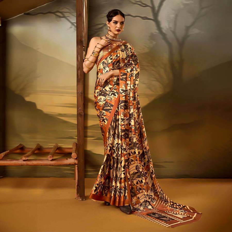 Golden  Satin Crepe Printed Saree