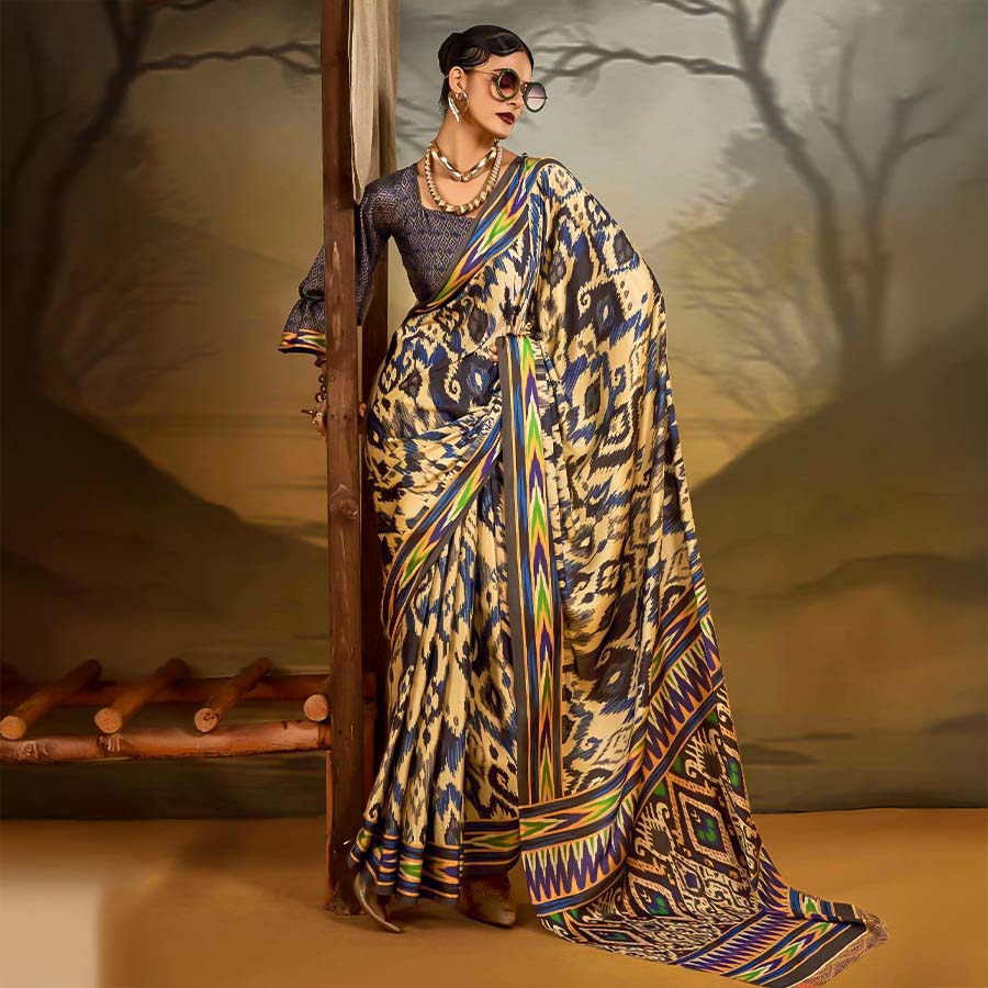 Golden  Satin Crepe Printed Saree